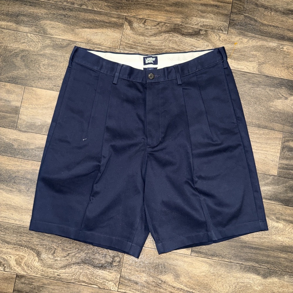LANDS END Tradition Fit Pleated Chino Shorts Men's Size 36 Inseam 9" Navy Blue